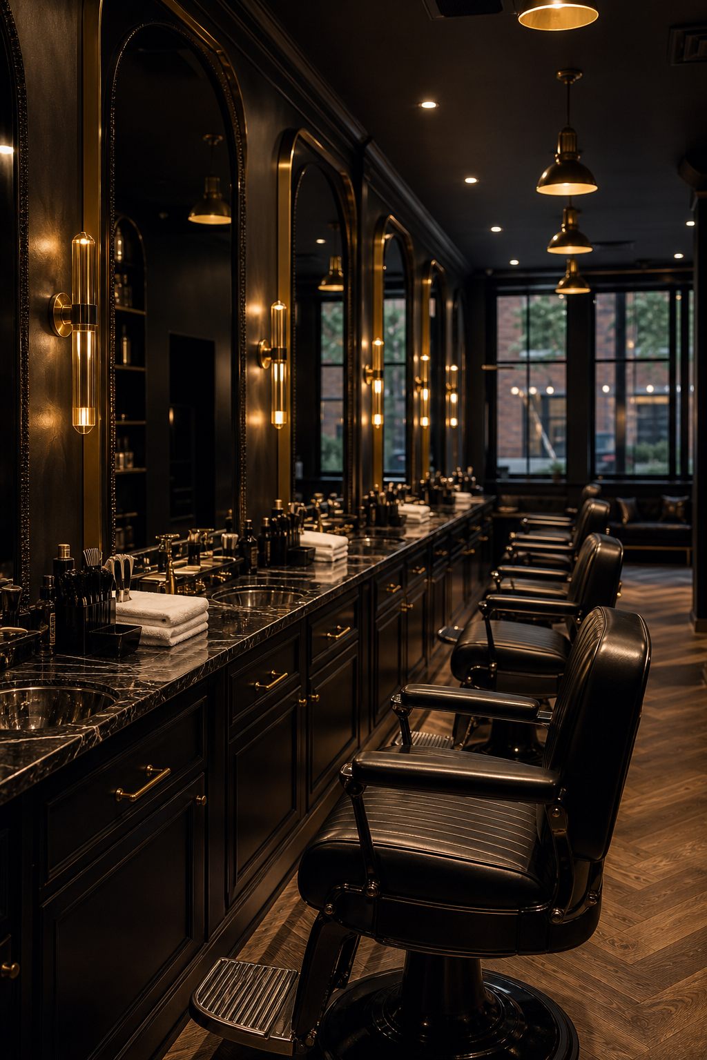 The premium interior of Empire Cuts Barbershop with modern chairs and warm lighting