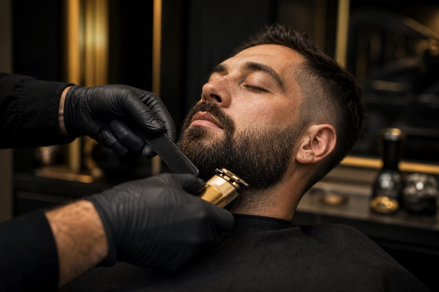 Close-up of beard styling in progress