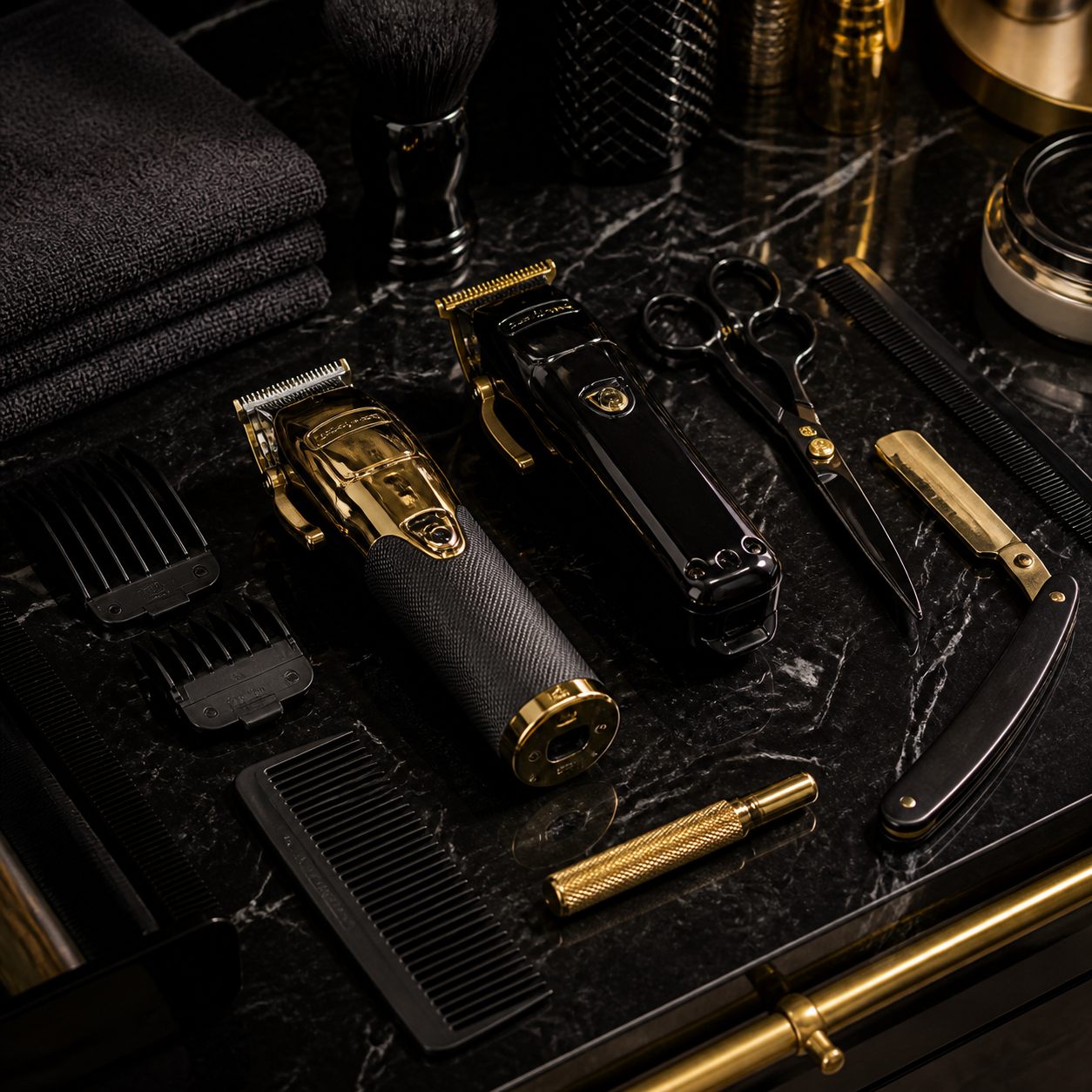 Premium barber tools arranged on dark marble