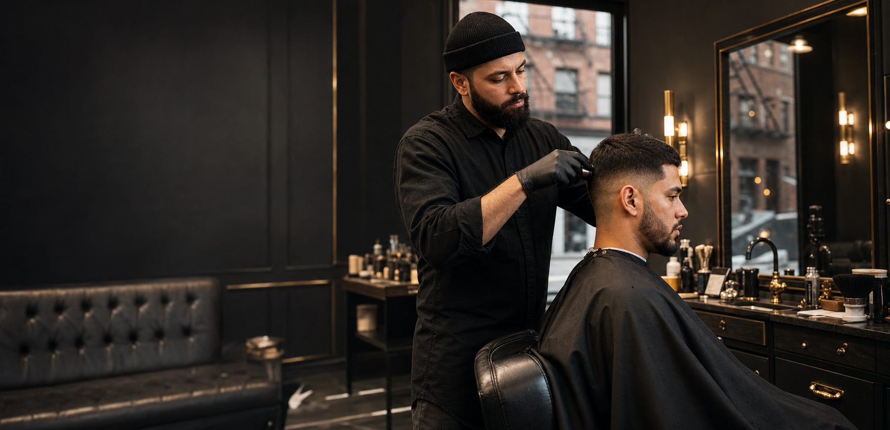 A professional barber cutting hair inside a luxury Brooklyn barbershop